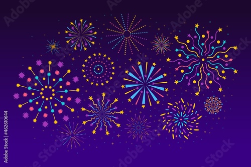 Fireworks in night sky, abstract holiday celebration background. Colorful salutes festive firework, holiday or birthday party vector illustration. New year or birthday event cartoon