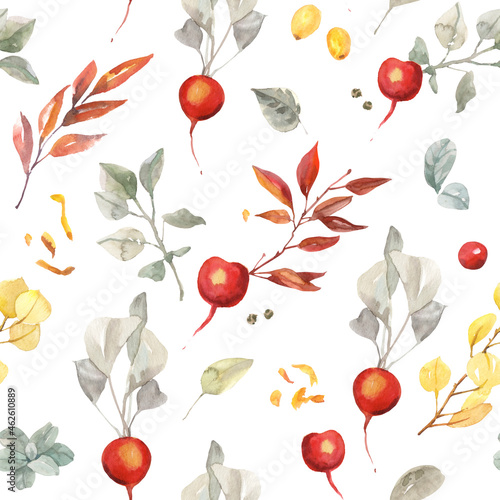 Watercolor hand painted Christmas botanical leaves, berries and branches illustration seamless pattern, wallpaper, wrapping paper