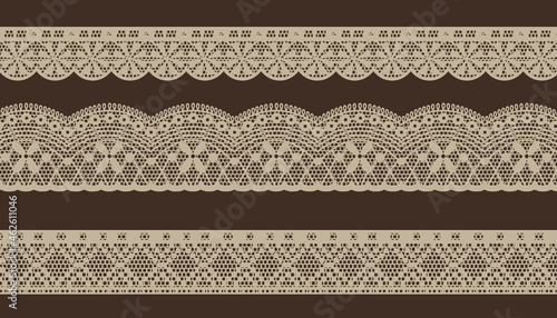 Trim Lace Ribbon on brown background. Jacquard Mesh Lace Fabric.