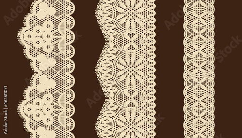 Trim Lace Ribbon on brown background. Jacquard Mesh Lace Fabric.