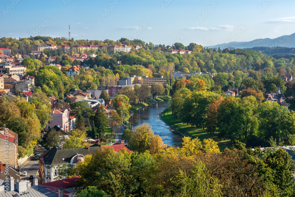 A bird's eye view of the Olza River and Cieszyn