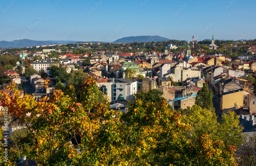 A bird's eye view of the city of Cieszyn in the warm light of the golden hour