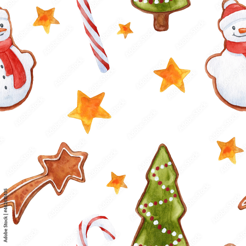 Obraz premium Watercolor hand drawn seamless pattern with stars and gingerbread snowman, Christmas tree, stars and Christmas rock; Christmas texture for textile and wrapping paper