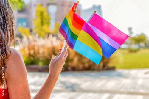 Gender queer. LGBTQ flag, Bisexual flag, Pan sexual flag. Selective focus.