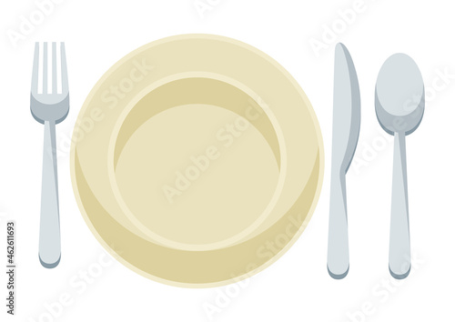 Illustration of plate with cutlery. Breakfast icon. Food item for menu restaurants and shops.