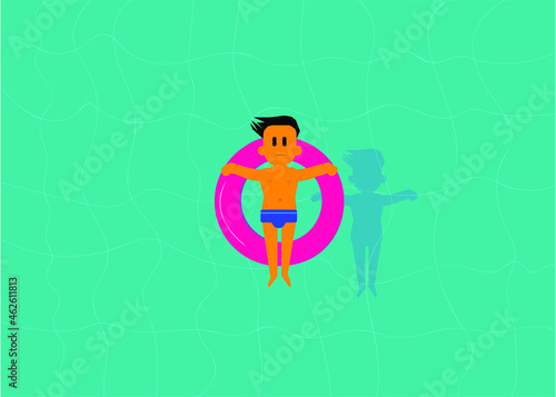 young floating sitting on bagel in pool on summer vacation. Holiday themed illustrator