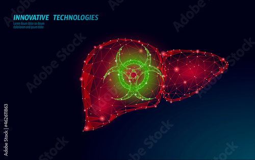 3D medicine liver medical treatment. Hepatitis warning human health diagnostics cirrhosis organ system. Medical therapy digestive infection virus protect drug concept. Low poly vector illustration