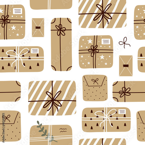 Trendy seamless pattern of gift boxes and envelope from kraft paper isolated on white background. Hand drawn vector illustration.