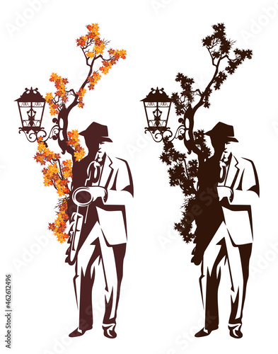 man playing saxophone by fall season tree branches with bright leaves and street light - solo jazz musician wearing hat autumn vector portrait