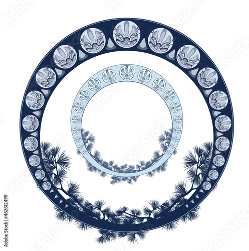art nouveau style winter season copy sace decorative vector frame with pine tree branches and round border