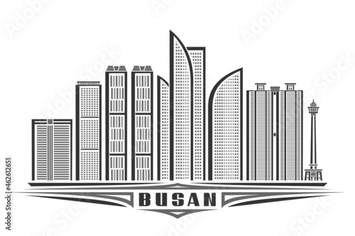 Vector illustration of Busan, monochrome horizontal poster with linear design famous busan city scape, urban line art concept with unique decorative lettering for black word busan on white background.