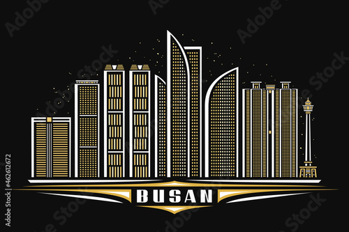 Vector illustration of Busan, dark horizontal poster with linear design famous busan city scape on dusk starry sky background, asian urban line art concept with decorative lettering for word busan.