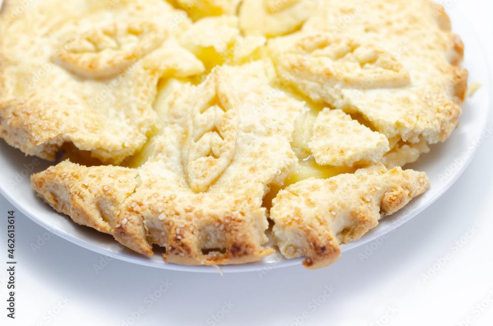 Traditional apple pie, Bramley apple filling in shortcrust pastry, topped with demerara sugar glaze Traditional apple pie, Bramley apple filling in shortcrust pastry, topped with demerara sugar glaze