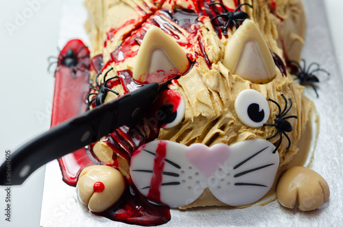 Halloween cake cat, layered biscuit cake in the shape of a kitty decorated for Halloween party