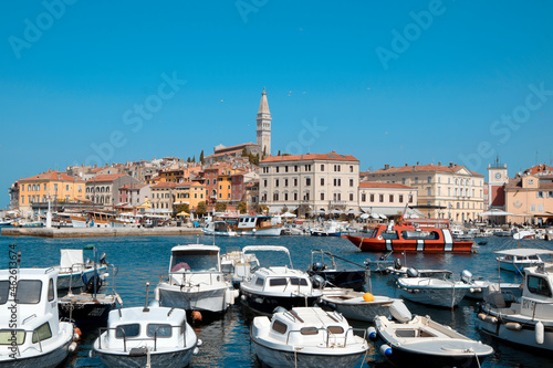 View of old town of Rovinj, Istria, Croatia. Adriatic sea, Rovinj. Old town of Rovinj and the cathedral of St. Euphemia