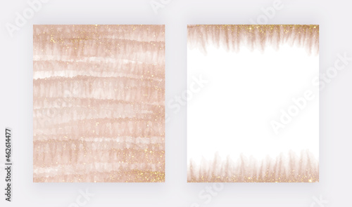 Rose gold brush stroke watercolor splashes with glitter texture
 