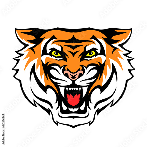 Angry tiger roaring head face. Vector illustration for tattoo, print, poster, sticker, logo, emblem. 