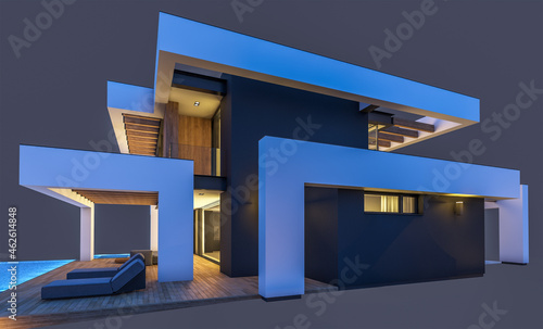 3d rendering of modern cozy house with pool and parking for sale or rent in luxurious style. In the night. Isolated on black. © korisbo