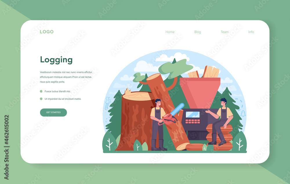 Timber industry and wood production web banner or landing page. Logging