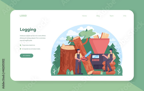 Timber industry and wood production web banner or landing page. Logging
