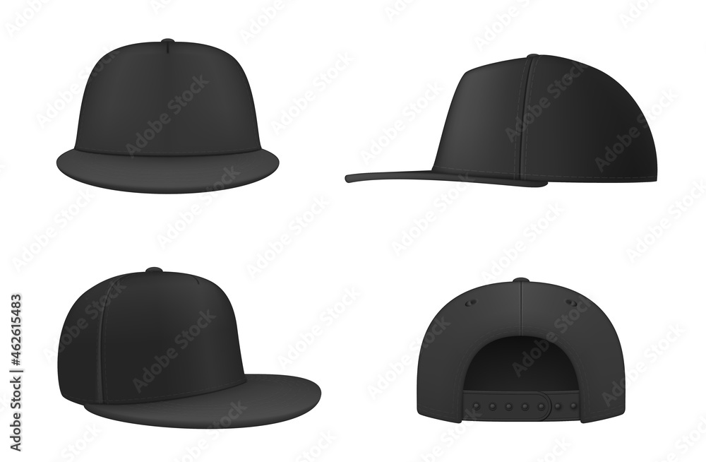 Realistic black rap cap with straight visor set vector illustration hip hop fashion headdress Realistic black rap cap with straight visor set vector illustration hip hop fashion headdress