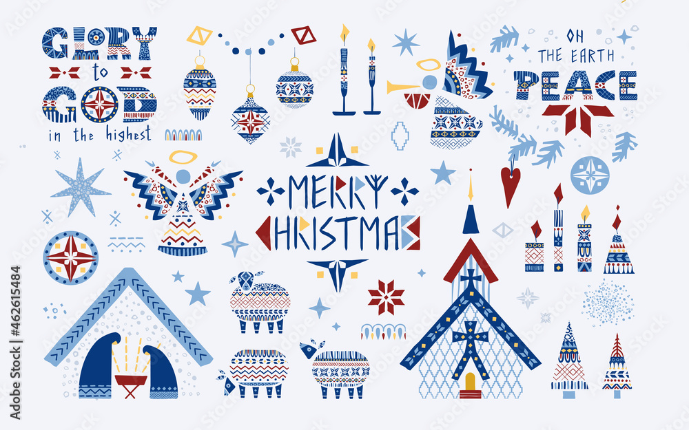Christmas vector illustration set in scandinavian folk style.Good for greeting cards, interior or textile prints in hygge style and as separated elements for festive grafic designs.