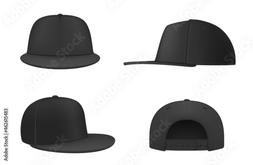 Leinwand Poster Realistic black rap cap with straight visor set vector illustration hip hop fash