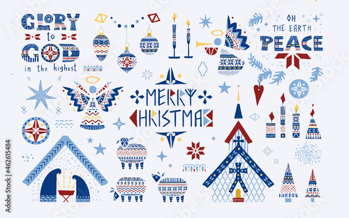 Christmas vector illustration set in scandinavian folk style.Good for greeting cards, interior or textile prints in hygge style and as separated elements for festive grafic designs.