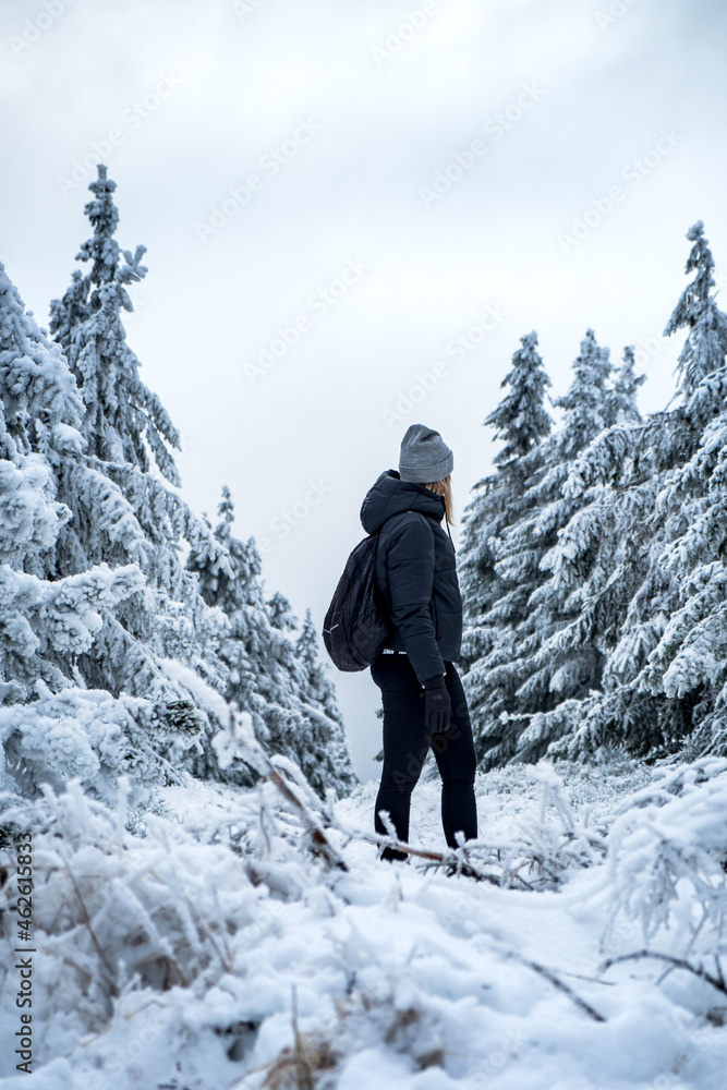 Woman standing backwards among the frozen trees in the mountains