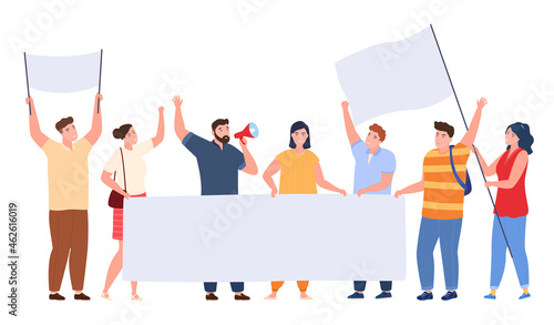 Protest people crowd activist holding blank banners vector flat illustration. Street demonstration