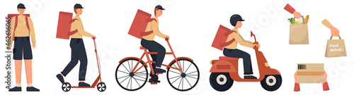 Delivery man set. Courier in uniform with a transportation, backpack