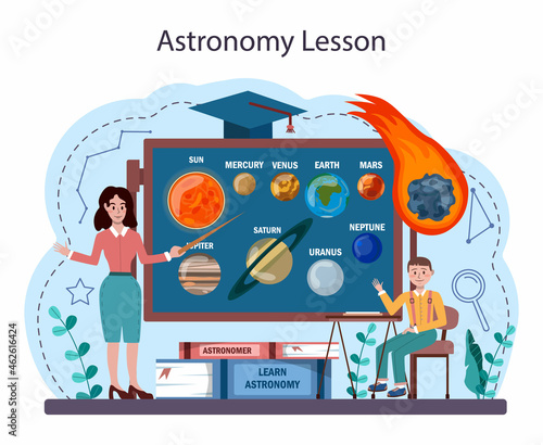 Astronomy school subject. Students looking through a telescope
