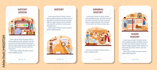 History lesson mobile application banner set. History school subject