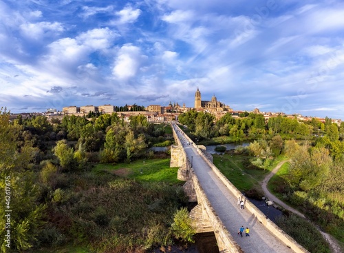 Aerial view of Salamanca with the cathedral and the roman bridge.