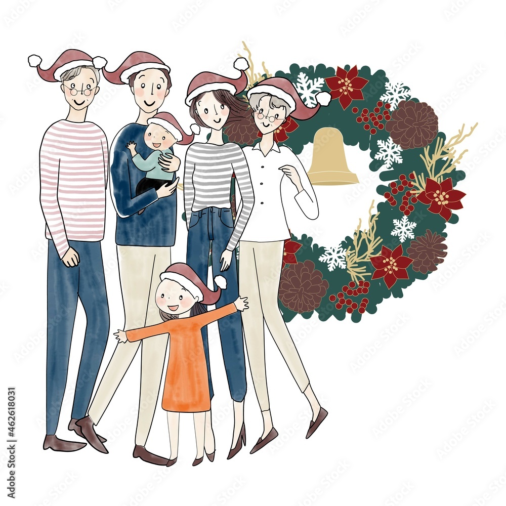 サンタクロース帽子の三世帯家族とクリスマスリース
