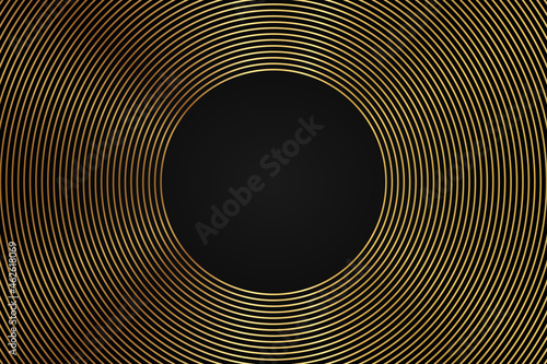 Abstract vector circle lines pattern frame in gold color isolated on black background with empty space for text. Shining luxury design geometry concept for greetings, technology, music, or invitation