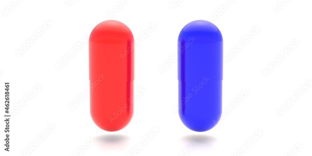 Red and blue pills capsules tablets isolated on white background. 3d illustration Red and blue pills capsules tablets isolated on white background. 3d illustration
