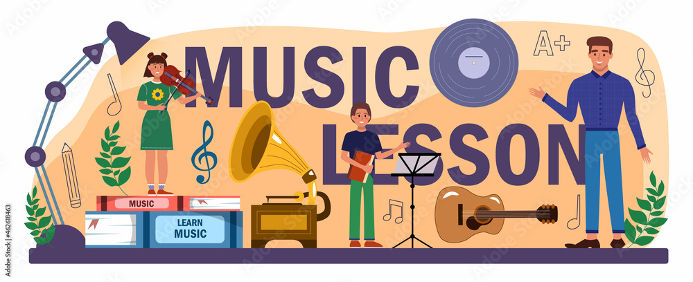Music lesson typographic header. Students learn to play music at music club Music lesson typographic header. Students learn to play music at music club