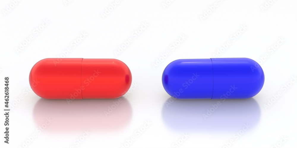 Red and blue pills capsules tablets isolated on white background. 3d illustration