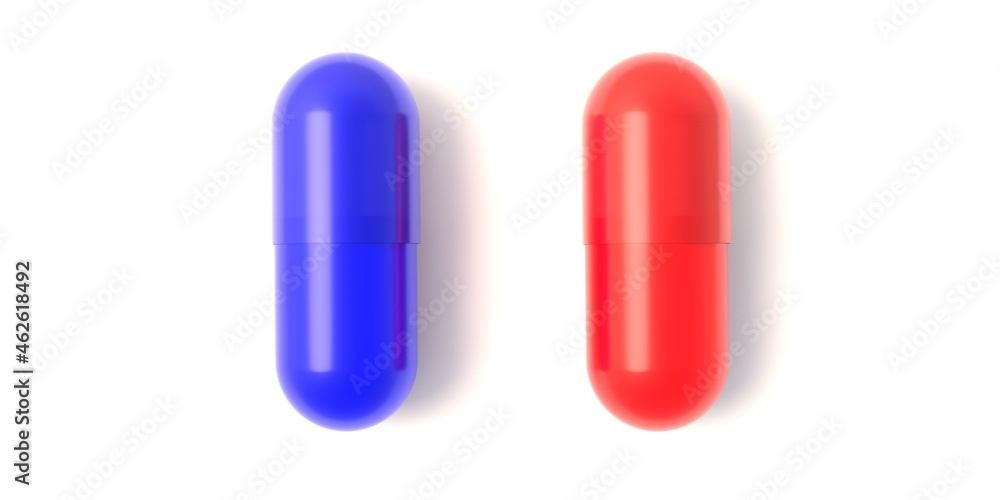 Red and blue pills capsules tablets isolated on white background. 3d illustration Red and blue pills capsules tablets isolated on white background. 3d illustration