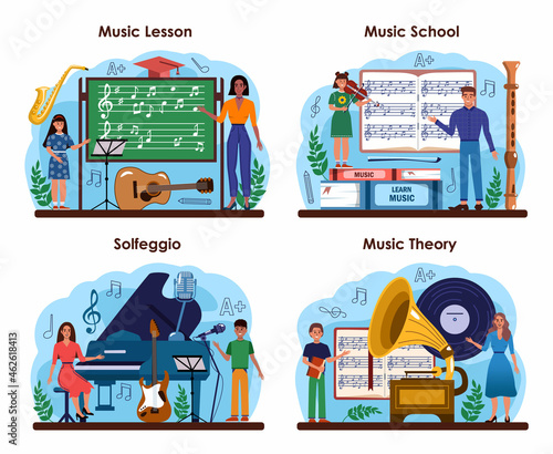 Music club or school set. Students learn to play music. Young musician