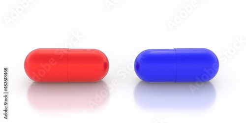 Red and blue pills capsules tablets isolated on white background. 3d illustration