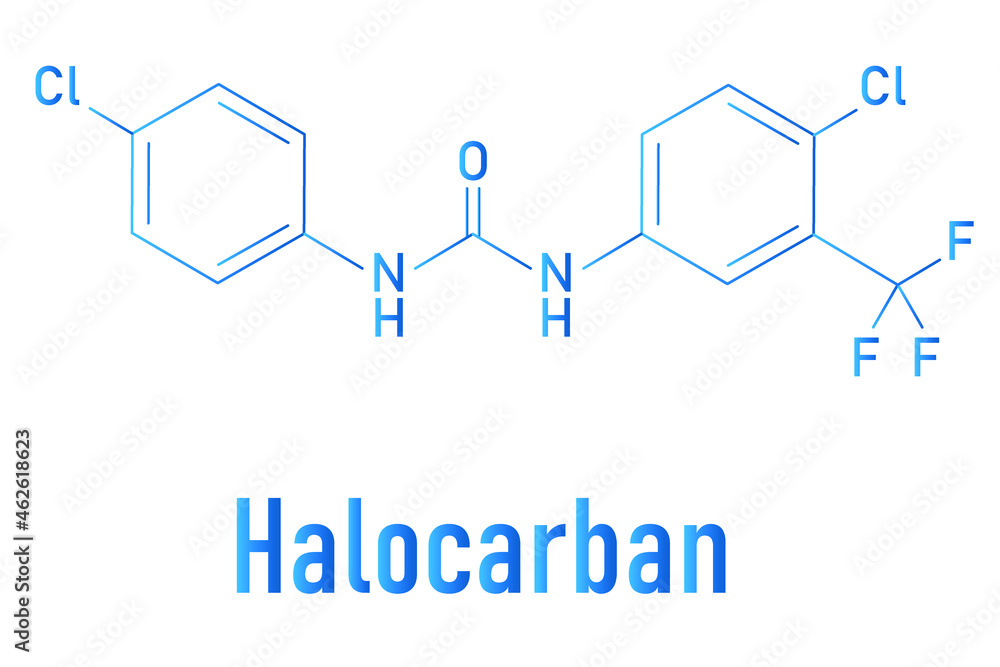 Halocarman, also known as Cloflucarban, disinfectant molecule. Skeletal formula. Halocarman, also known as Cloflucarban, disinfectant molecule. Skeletal formula.
