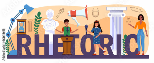 Rhetoric typographic header. Students training public speaking