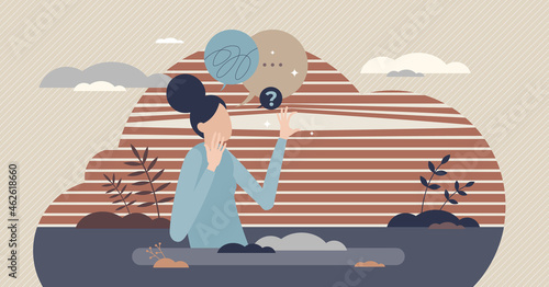 Agoraphobia mental disorder, anxious and scared tiny person concept. Female indoors peeking through window blinds. Psychological panic and fear state leading to depression. Confused woman in horror.
