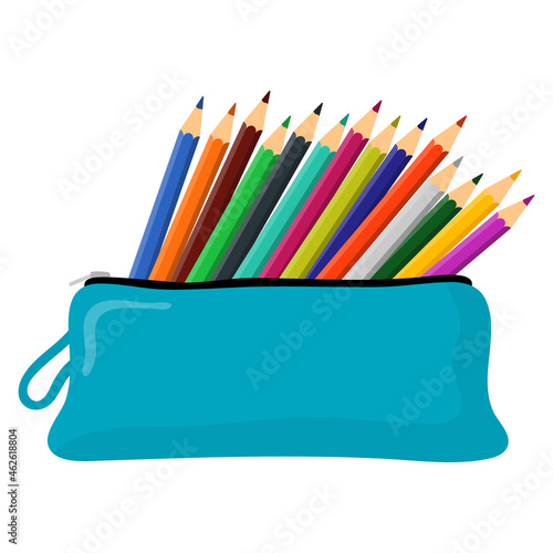 School pencil case filled with school stationery, multicolored wooden pencils. Back to school.