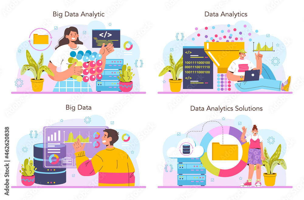 Big data analytics set. Big data from different sources chart or graph