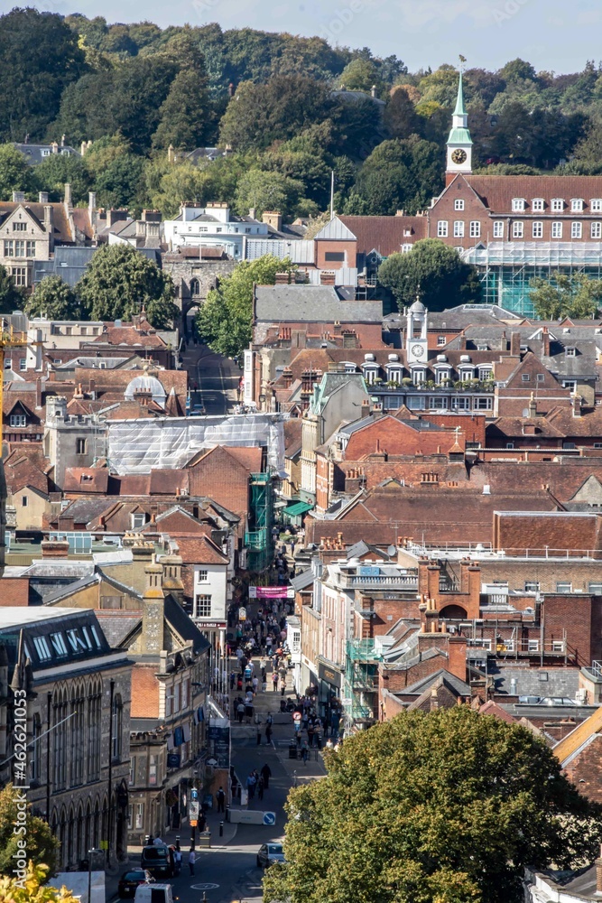 view of Winchester High Street Hampshire England from a high viewpoint
