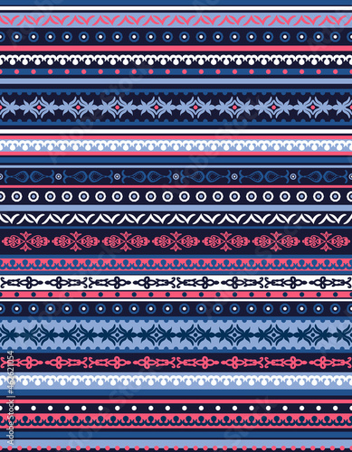 Ethno, boho border repeat as seamless pattern. Hand drawn, vector stripes and abstract damask, paisley elements all over surface print on dark blue background.