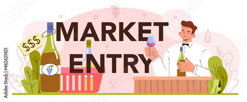Market entry concept. Grape wine puted in bottles for sale. Wine production
